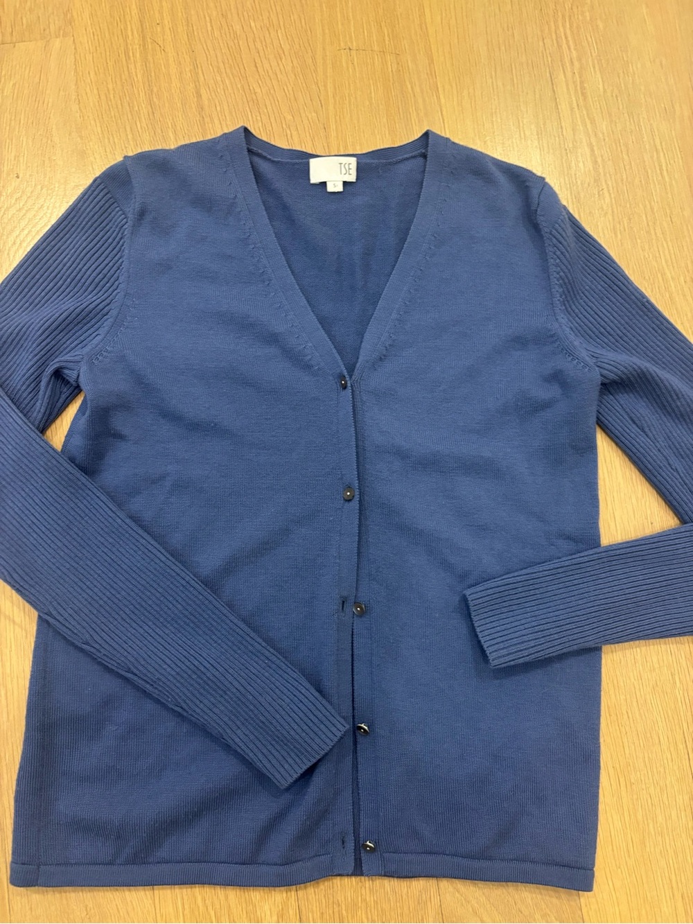 TSE wool Blue V-Neck Rib Sleeve Button Cardigan
